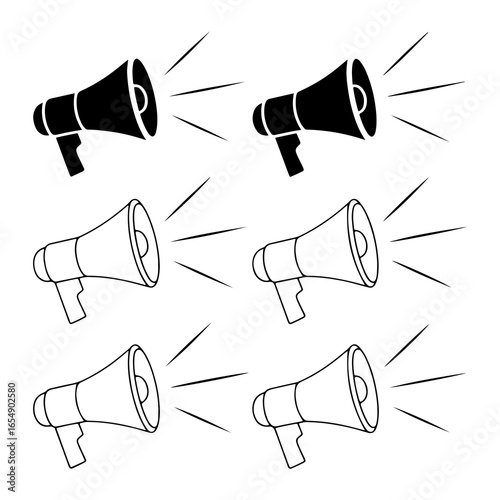 Black and white megaphone icons with sound waves bullhorn announcement