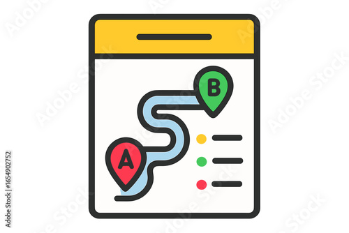 Map with route from point A to B showing navigation details roadmap planner layout