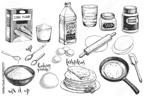 A vector set of hand-drawn illustrations of cooking process of the Mexican national dish, isolated on white. Sketches of ingredients for a tortilla in the style of an engraving.