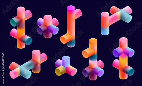  Set of multicolor geometric shapes. Collection colorful 3D cylinders.