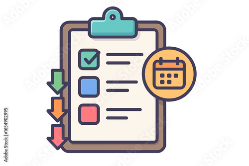 Checklist with calendar icon and colored checkboxes in flat style task flow schedule