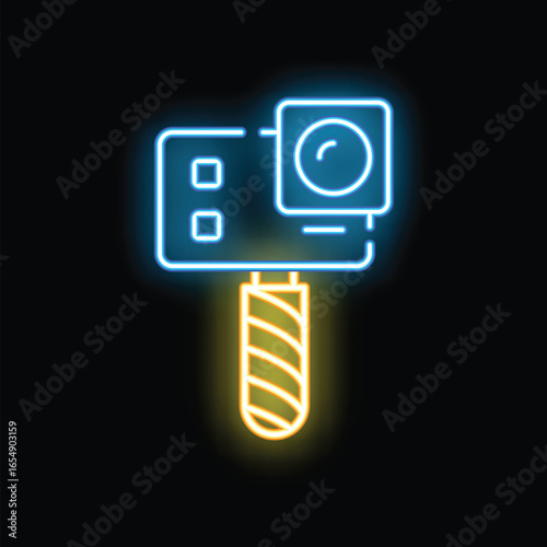 Bright neon icon of an action camera mounted on a monopod grip, glowing against a dark background