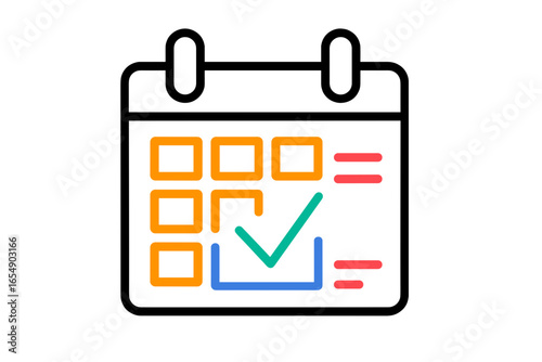 Calendar icon with checkmark and highlighted date in colors task calendar board