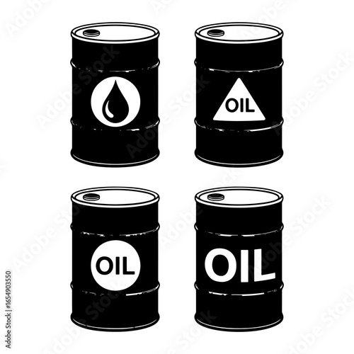 Black oil drums with white symbols and text barrel liquid