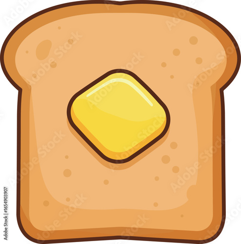 A single slice of golden brown toasted bread with a perfectly melted square of yellow butter in the center isolated on white