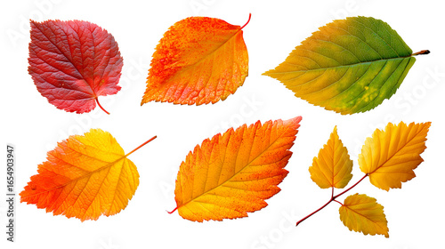 Set of autumn bright leaves from different color on the transperent background. Simple green, yellow, red, orange fall leaf set for pattern, banner, sticker, and autumn card.  AI generation