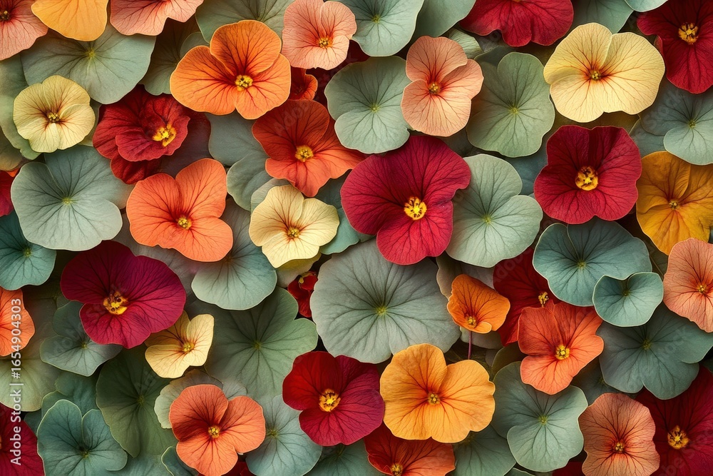 custom made wallpaper toronto digitalA vibrant display of colorful flowers and leaves, arranged in a visually captivating pattern, showcasing a spectrum of warm tones.