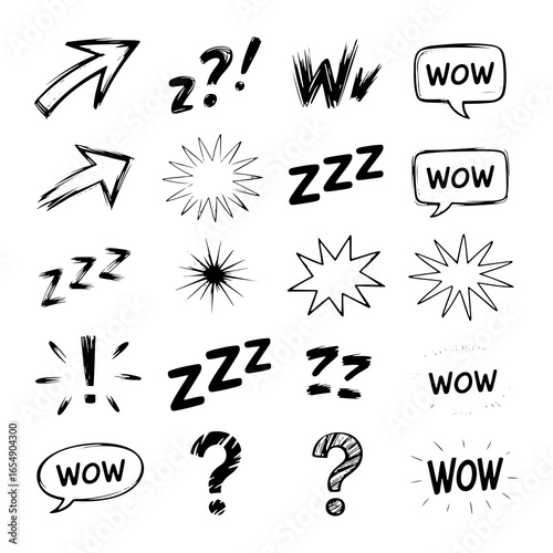 Comic style speech bubbles arrows and punctuation marks exclamation mark question mark