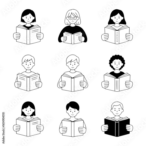 Diverse people reading books children adults