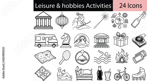 Diverse hobbies and leisure activities icon set