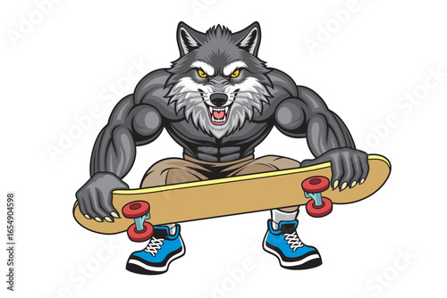 wolf skateboarding cartoon mascot vector vintage design