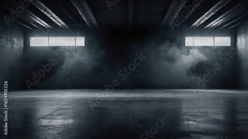 A dimly lit industrial space featuring smoke and light streaming through windows, creating an eerie atmosphere.