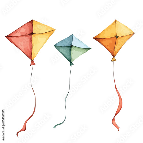 Watercolor Kites in Various Colors with Flowing Tails Playful and Bright (1)