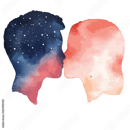 Watercolor Kiss Celestial Man and Coral Woman in Profile Silhouette