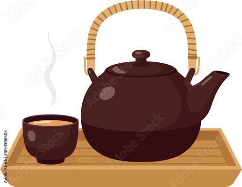 Traditional japanese tea ceremony set with a dark brown teapot and cup on a wooden tray with steam rising from the cup