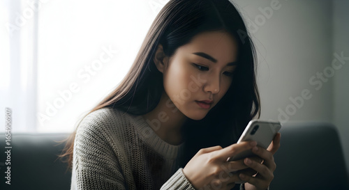 Young woman using smartphone checking social media or messages feeling pensive thoughtful at home