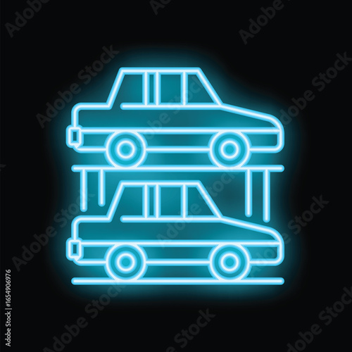 Blue neon sign depicting two cars parked on a two level car lift, perfect for themes of automotive repair, parking solutions, and garages
