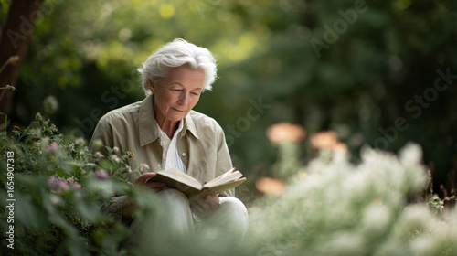 Mature woman engrossed in reading a book outdoors, surrounded by lush greenery. Evokes tranquility, wisdom, and the joy of lifelong learning. Ideal for wellness, retirement, lifestyle.