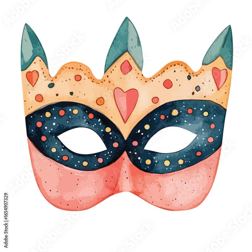 Watercolor Mask with Teal Spikes Hearts and Decorative Dots Festive Design