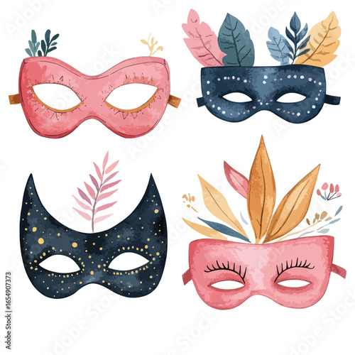 Watercolor Masks Adorned with Botanical Accents