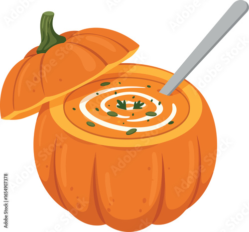 A delicious and creamy pumpkin soup served in a hollowed out pumpkin with a spoon and a pumpkin lid on a white background