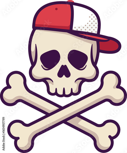 Cartoon skull and crossbones wearing a red and white baseball cap representing danger piracy or a rebellious attitude