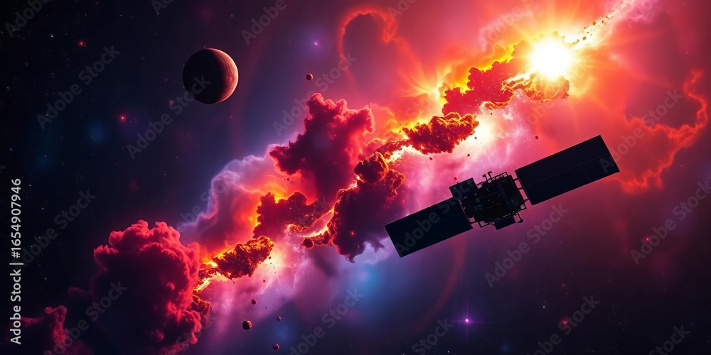 Obraz premium Satellite explores vibrant nebulae, cosmic dust, and glowing celestial bodies in a dazzling space scene, colorful, celestial