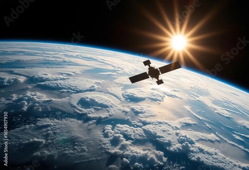 Fototapeta Naklejka Na Ścianę i Meble -  Satellite orbiting Earth, sunlit clouds, weather patterns, climate change visible, climate change, pressure