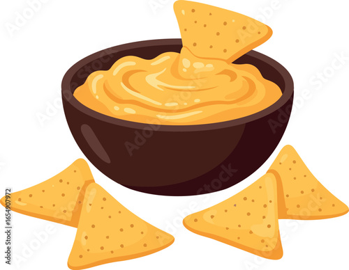 Delicious golden cheese sauce in a dark bowl with crispy tortilla chips for dipping and snacking