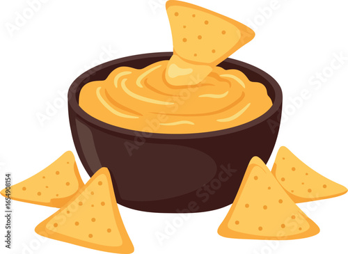 Delicious golden cheese sauce in a dark bowl with crispy tortilla chips for dipping and snacking