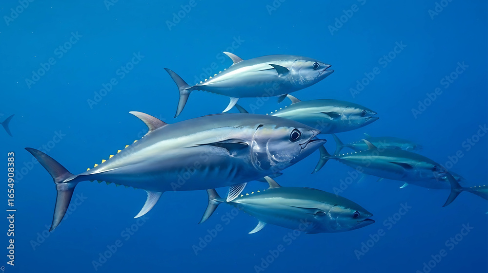 Naklejka premium School of Tuna Swimming in Clear Blue Ocean Waters
