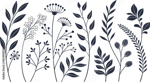 Minimal feminine botanical floral branch in silhouette style. hand drawn sketch branches set. Minimalist black silhouette vector illustration of assorted botanical elements arranged in rows.