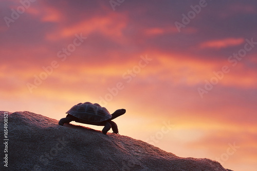A tortoise silhouetted against a vibrant sunset, symbolizes perseverance and slow, steady progress towards goals. Great for motivational content, nature themes, or aspirational campaigns.