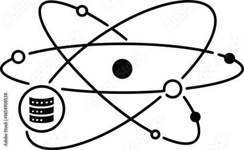 Dynamic Vector Illustration of Atomic Structure, Science Concept, Black and White Design, Digital Art, Abstract Environment, Isolated Viewpoint, Line Art Style