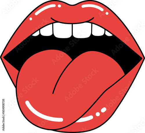 Close up of bright red glossy lips open wide with a tongue sticking out against a white background