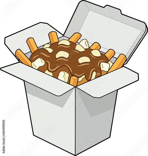 Delicious poutine served in a white takeout box with lid open showing french fries cheese curds and gravy