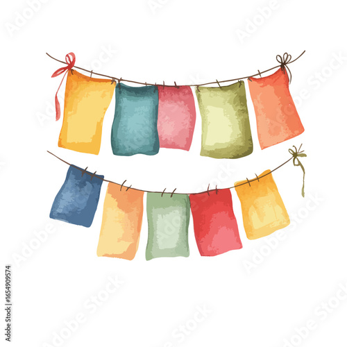 Watercolor Painted Colorful Flags Draped on a Line