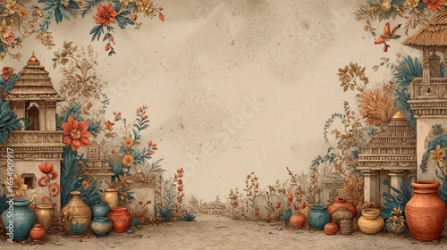 Vintage Indian temple scene with beautiful floral arrangements and pottery.