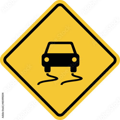 Warning sign indicating a slippery road ahead with a car skidding on a wet or icy surface