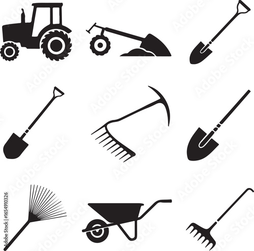Collection of Nine Black Silhouettes of Farming and Gardening Tools and Tractor agriculture