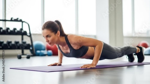 Wallpaper Mural Fitness Woman Demonstrates Push-Up Exercise Technique for Upper Body Strength in the Gym, Promoting Healthy Lifestyle Torontodigital.ca
