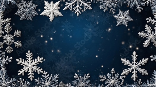 A stunning frame of silver snowflakes against a deep blue background, evoking a magical winter atmosphere.