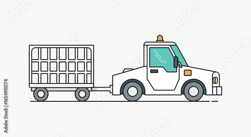 Find white airport baggage tractor towing trailer illustration