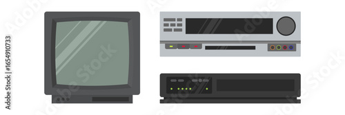 Retro vintage electronic devices collection with cassette tapes cameras phones and computers