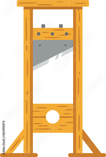 A wooden guillotine with a sharp metal blade a historical execution device isolated on a white background