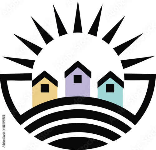 Vibrant city skyline with colorful houses and bright sun rays