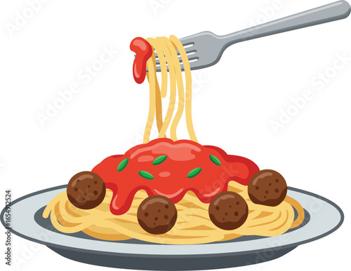 Delicious spaghetti and meatballs with rich tomato sauce twirled on a fork served on a white plate with a blue rim