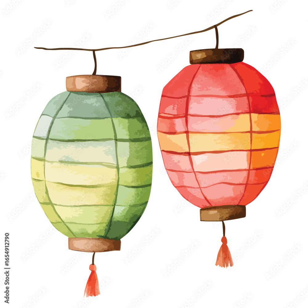 Obraz premium Watercolor Pair of Hanging Asian Lanterns