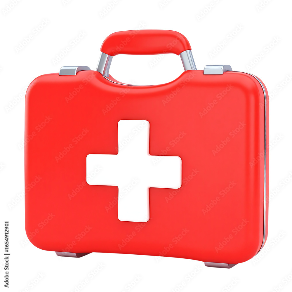Obraz premium Red medical first aid kit with white cross symbol isolated on transparent background