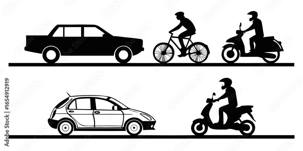 Naklejka premium transportation silhouettes urban mobility vehicles car bicycle scooter motorcycle icons isolated on white background.